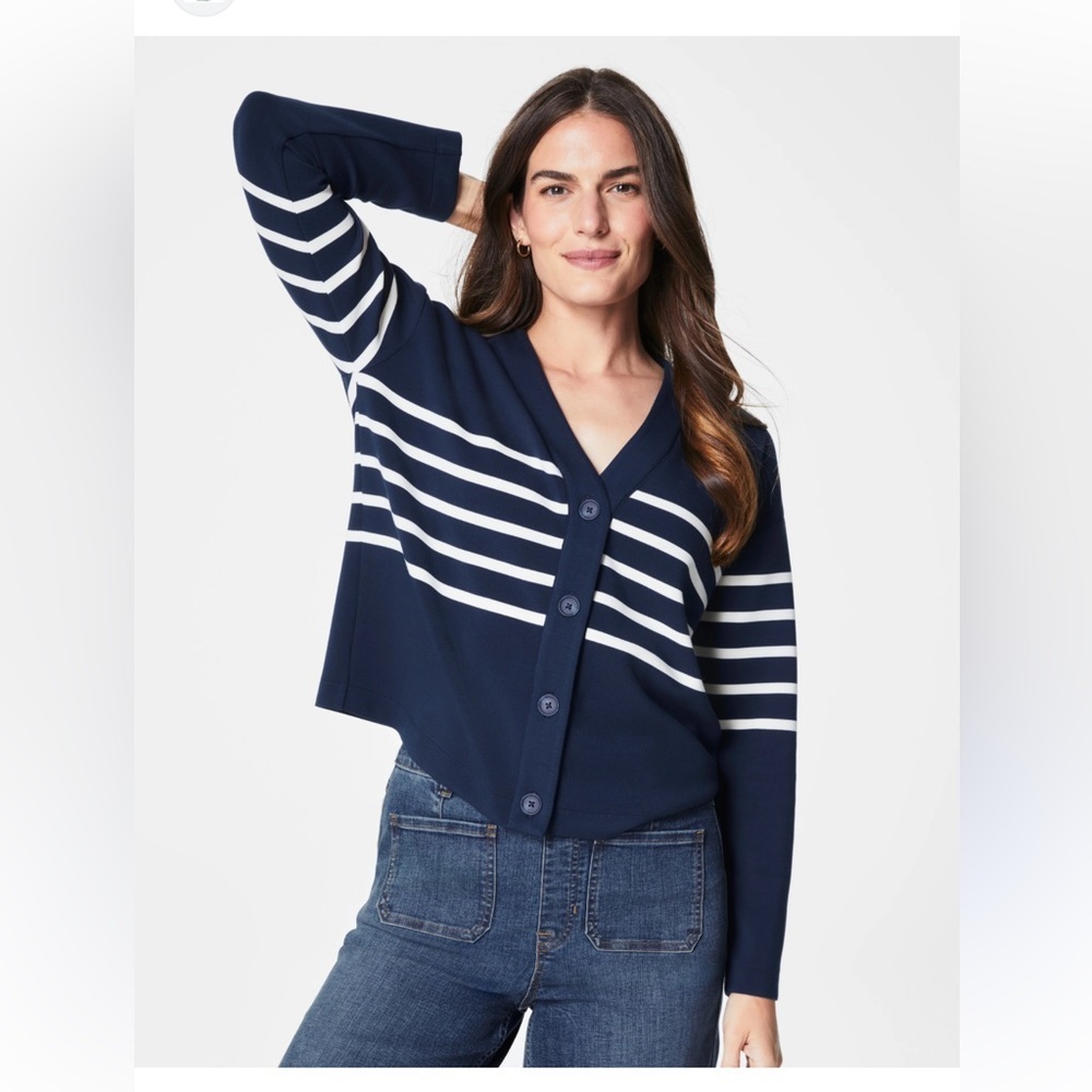 SPANX Airessentials Navy and White Striped Cardigan